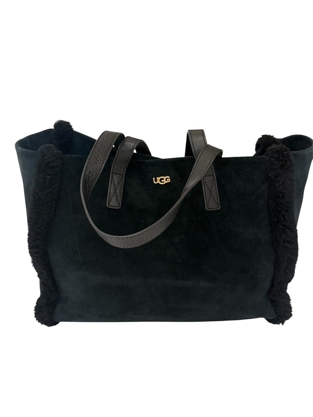 UGG Black Cow Suede Shearling-Trim Tote with Gold Logo
